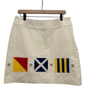 Uncommon Threads White Denim Mini Skirt Women's Nautical Flag Letters OMG Size 8